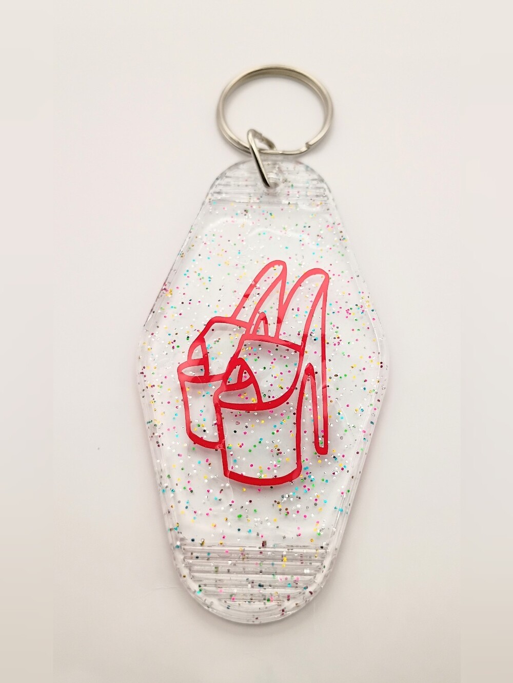 Motel Keychain Custom Retro Styled Clear Glitter Red Heel Keyring